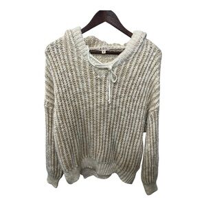 POL WOOL BLEND CREAM OATMEAL CROCHET CABLE KNIT HOODIE OVERSIZED SWEATER SZ SM